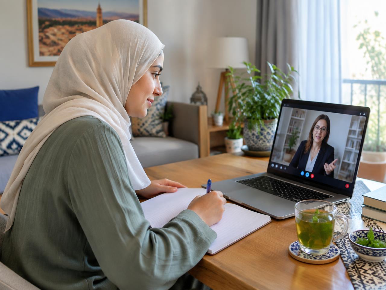 متعلمة مغربية تتابع درسًا مباشرًا في اللغة الفرنسية أونلاين مع أستاذتها
