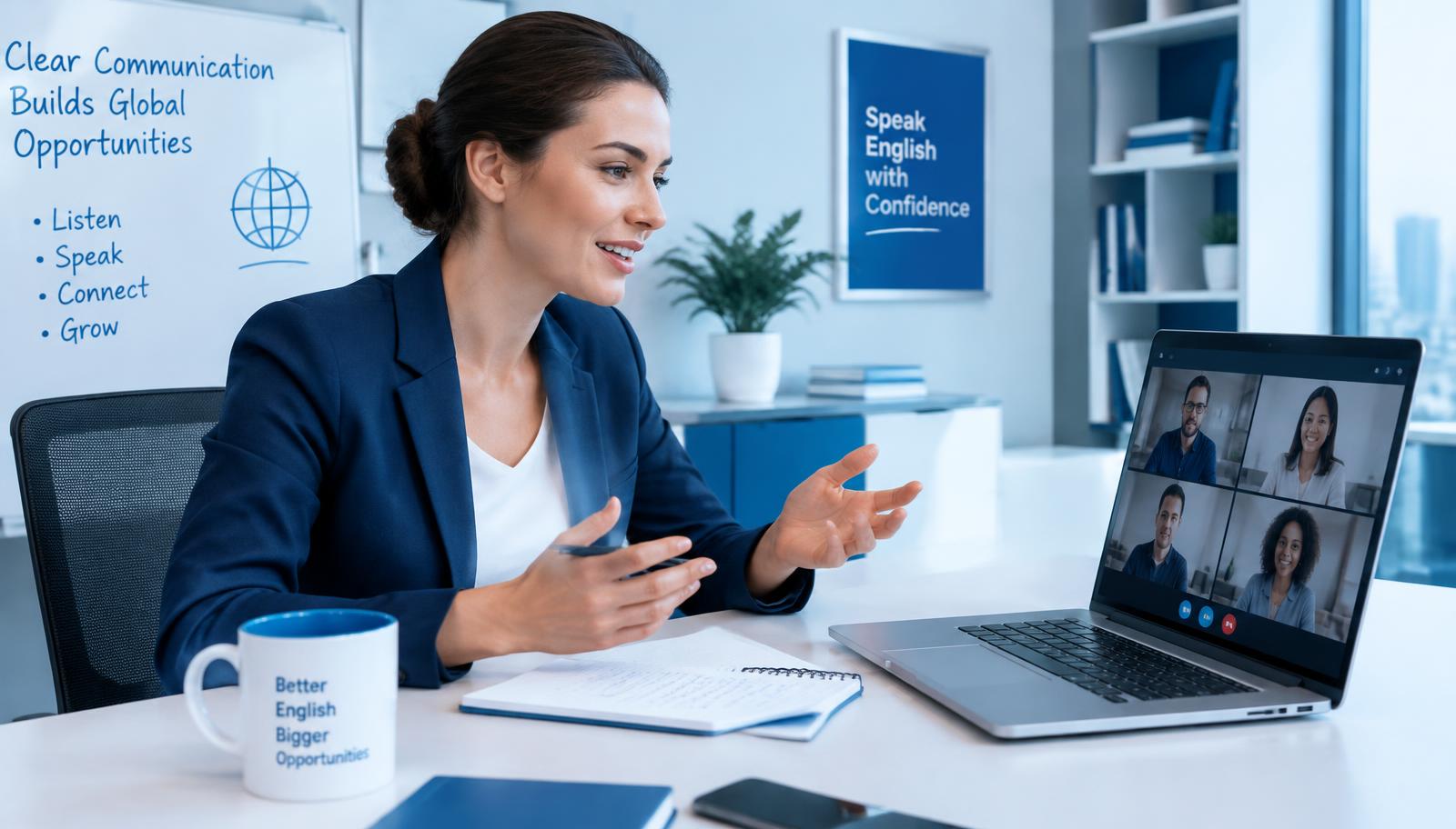 Illustration of a professional speaking English in an online business meeting