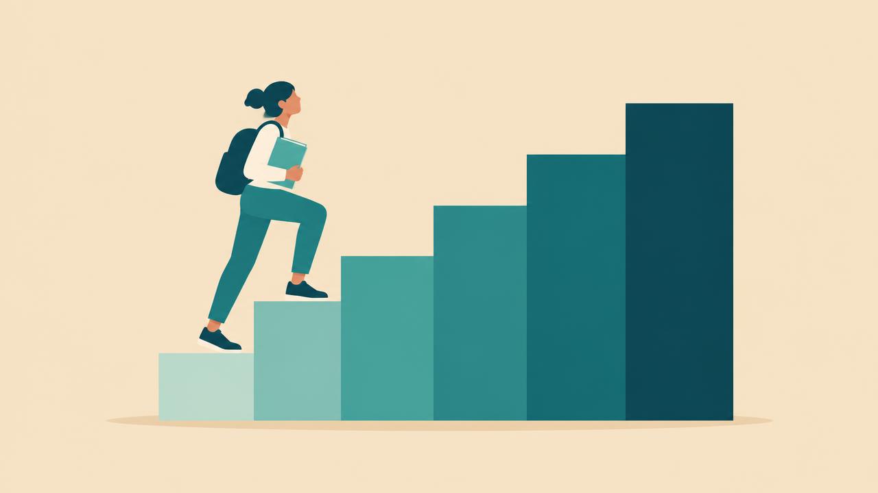 Illustration of a learner climbing six steps of increasing height, representing CEFR levels