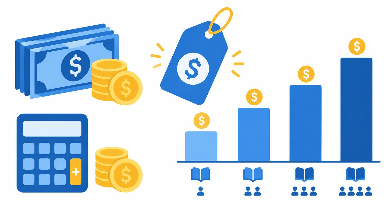 Illustration of money, a price tag and a bar chart comparing course package prices