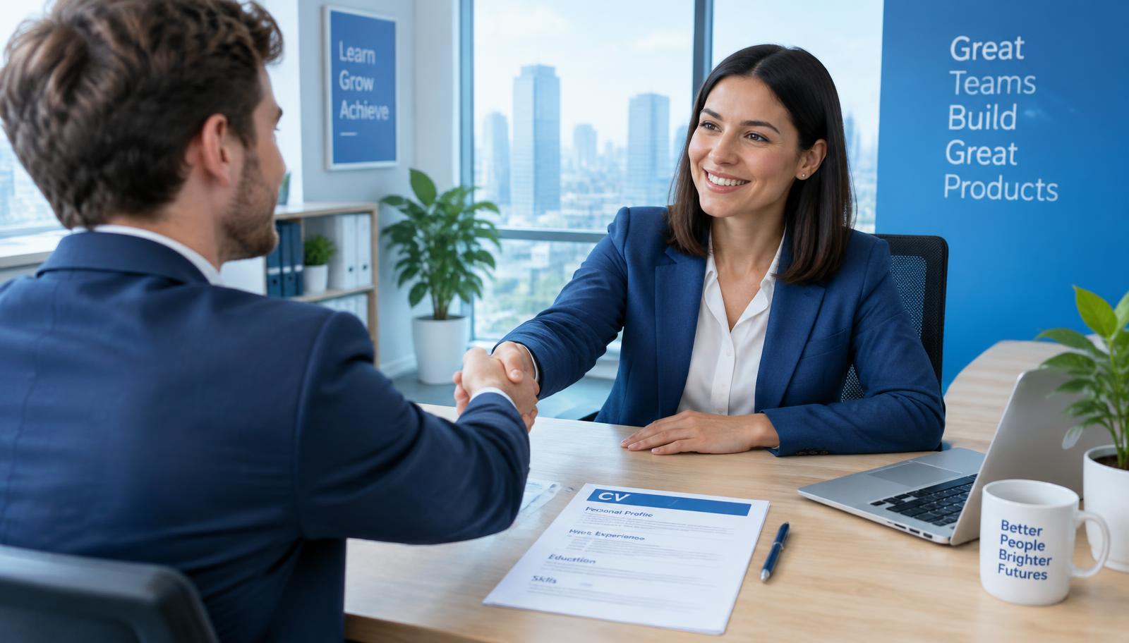 Illustration of a job interview conducted in English in an office
