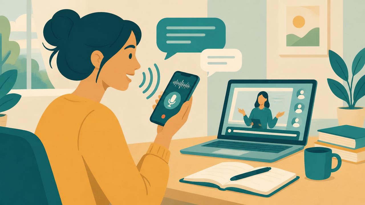 Illustration of an adult recording herself speaking English on a phone, with an online class on a laptop