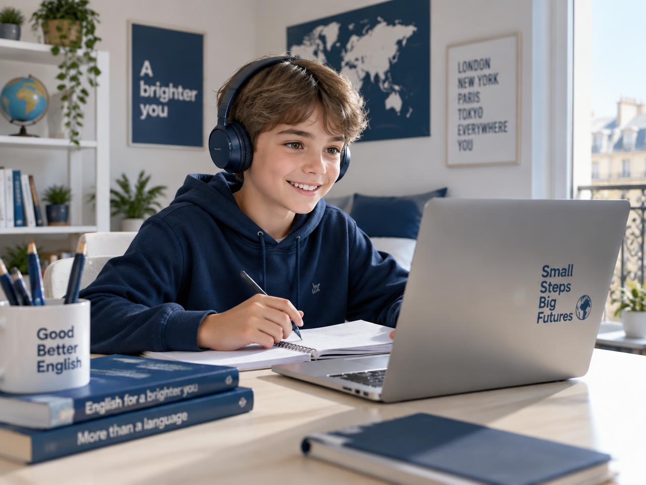 Enfant en France suivant un cours d'anglais en ligne en direct avec un professeur Englify depuis la maison