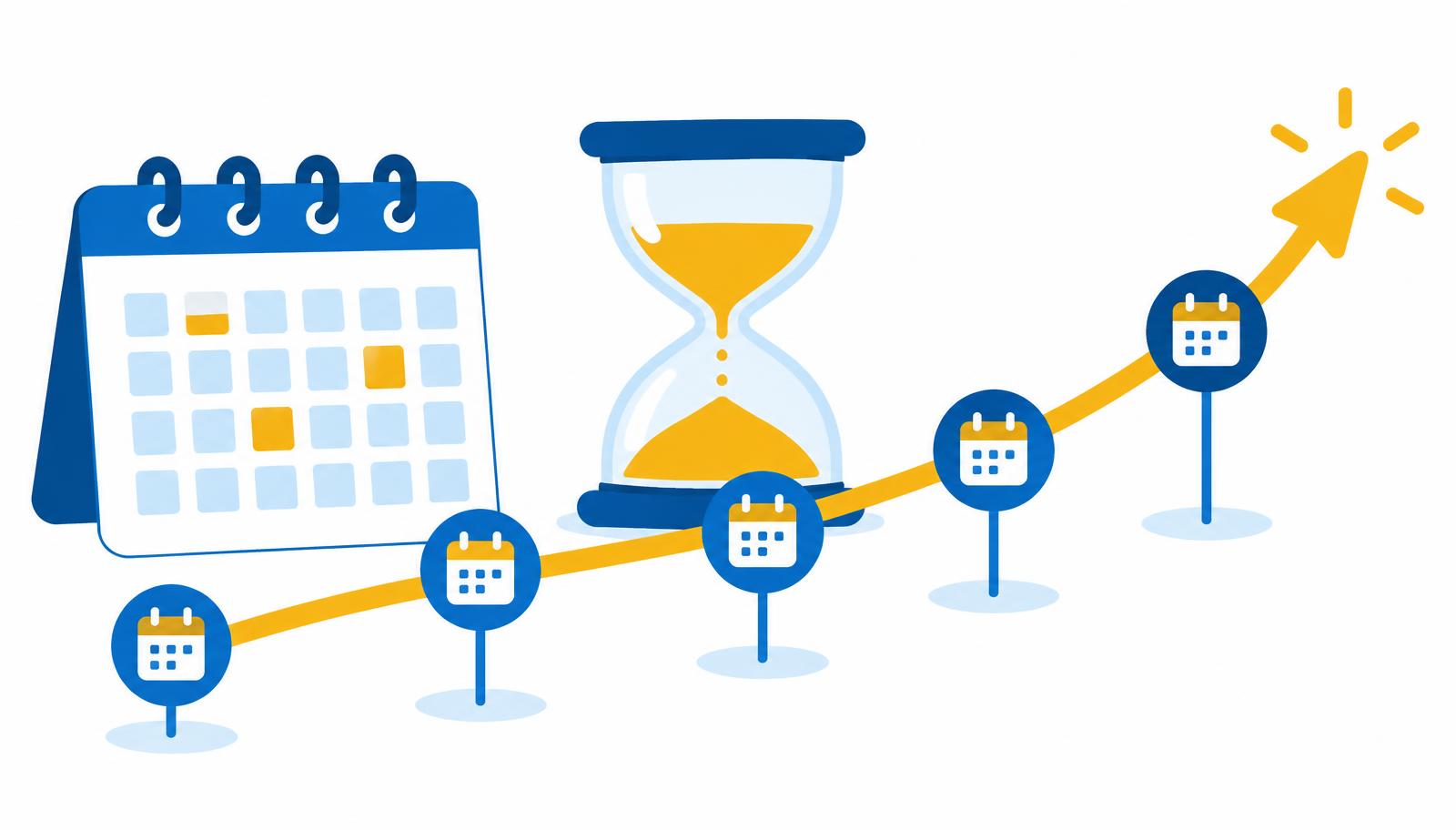 Illustration of a calendar, hourglass and rising progress line across milestones