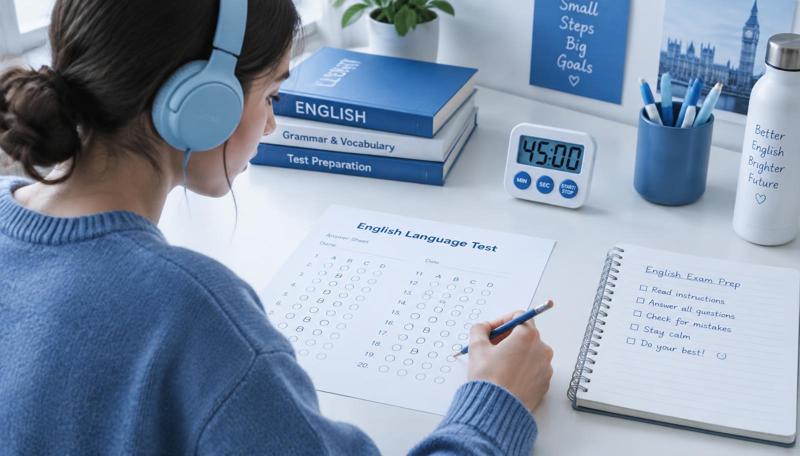 Illustration of a student preparing for an English exam with an answer sheet and timer