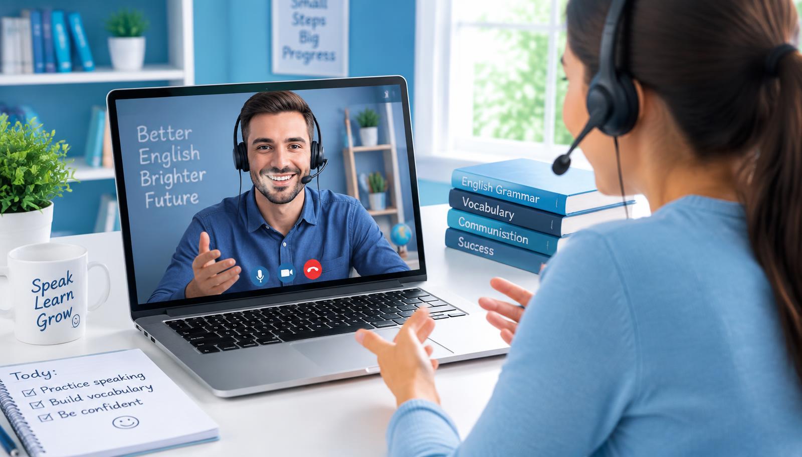 Illustration of a one-to-one online English speaking lesson on a laptop