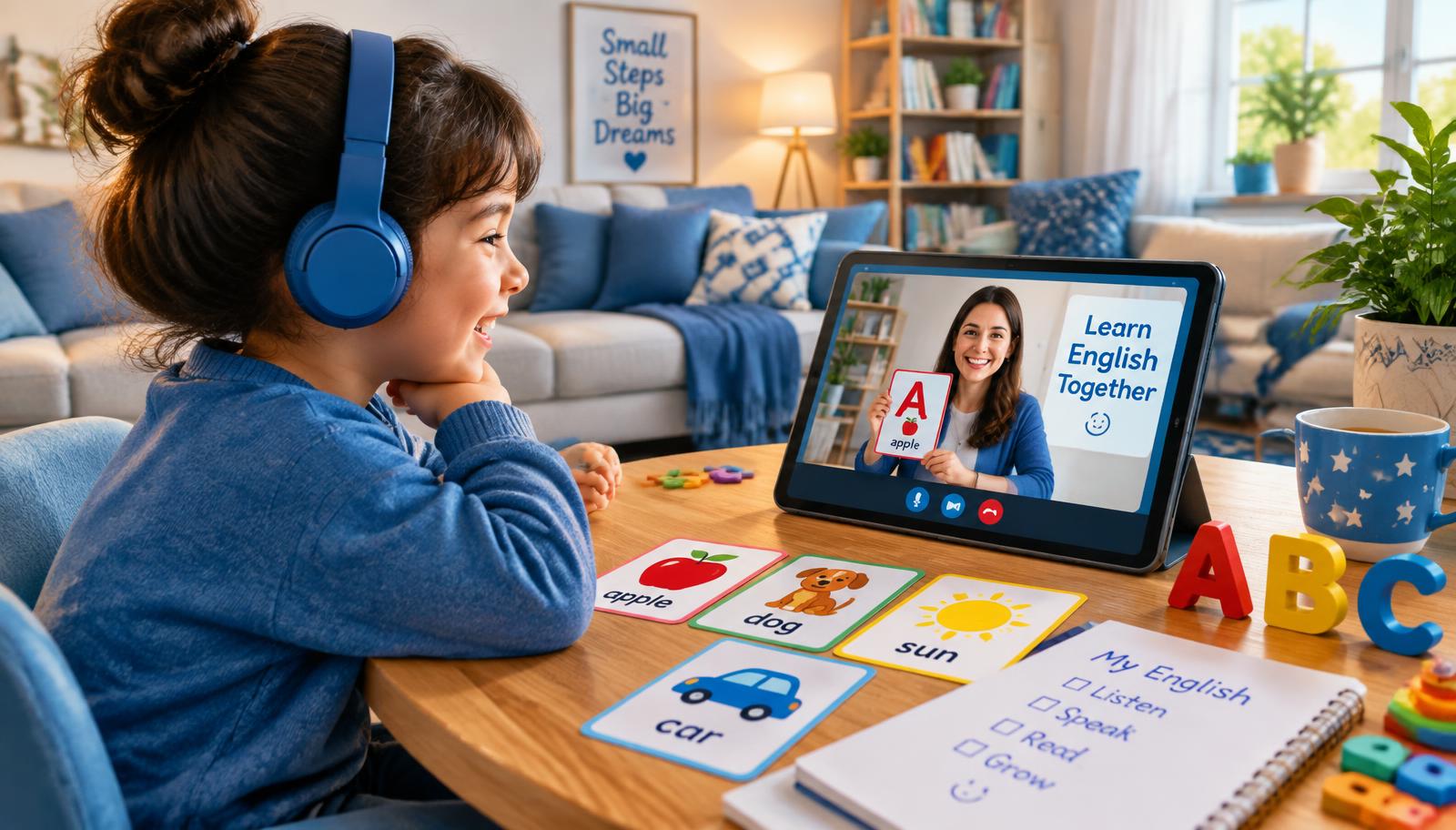 Illustration of a child learning English online with flashcards
