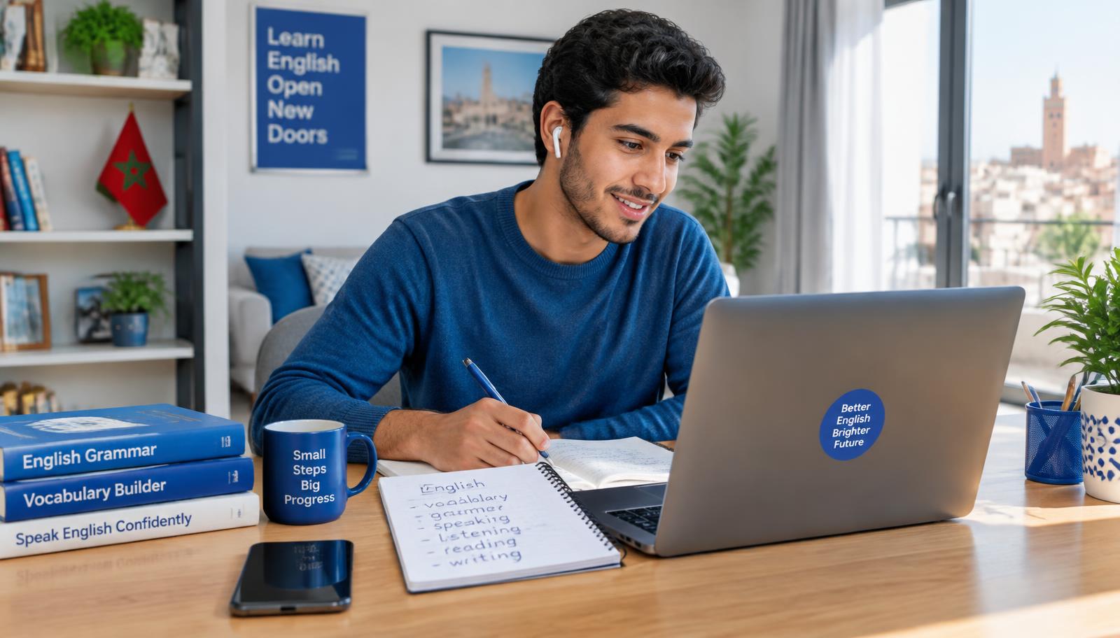 Illustration of an adult learner studying English online at home with a notebook and laptop
