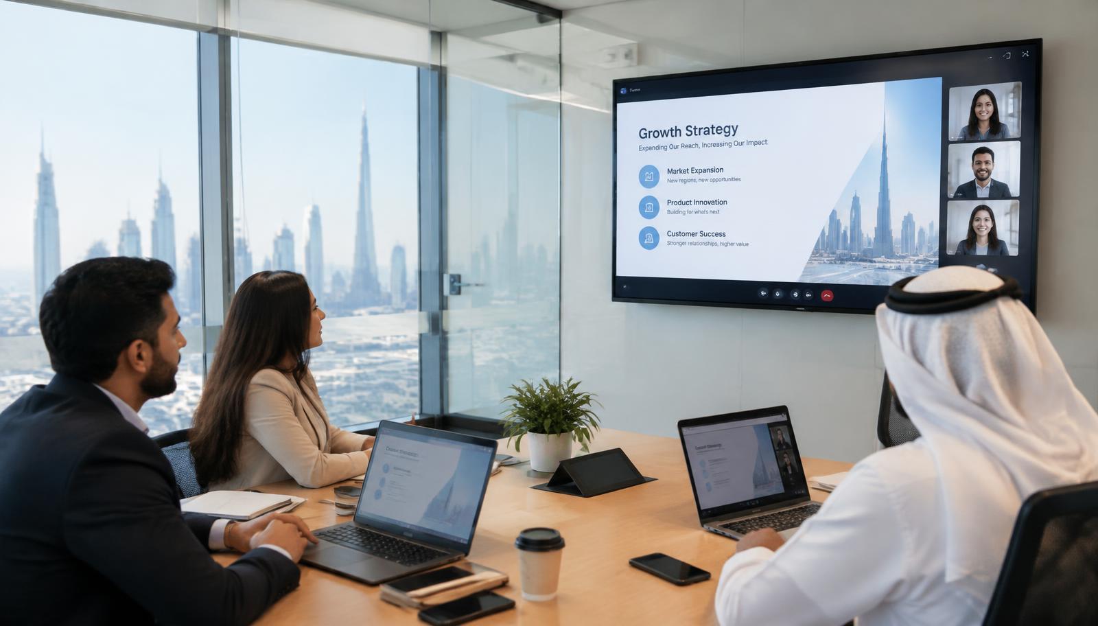 A professional in the UAE in a live online Business English session