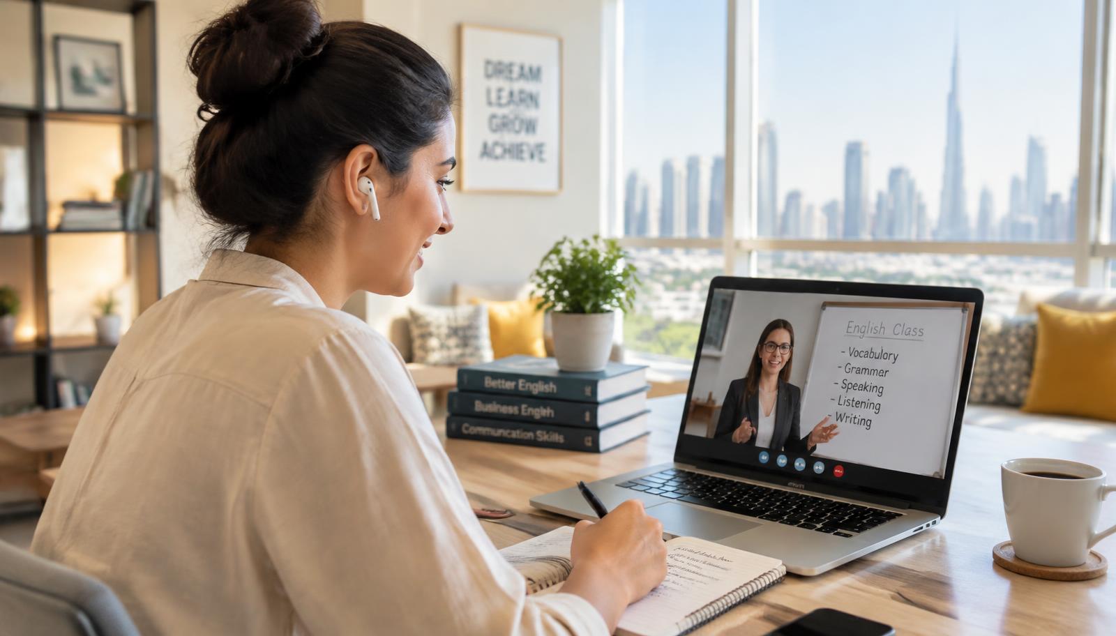 A learner in the UAE in a live online English class at home