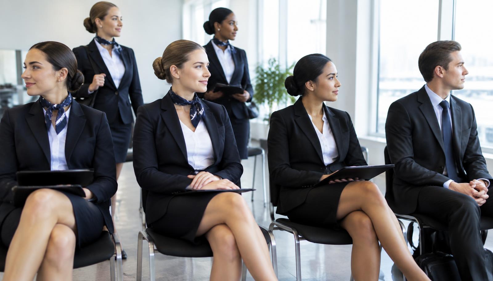 Candidates in formal attire waiting in a bright room before an airline assessment interview