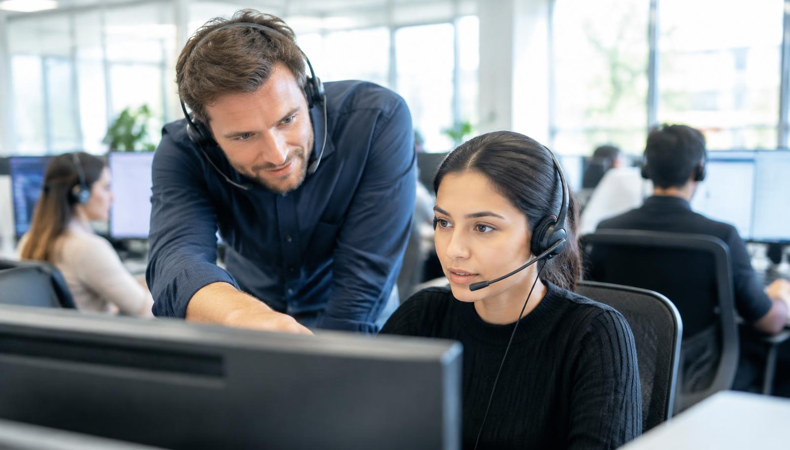 A team leader coaching a call centre agent at their desk, both wearing headsets