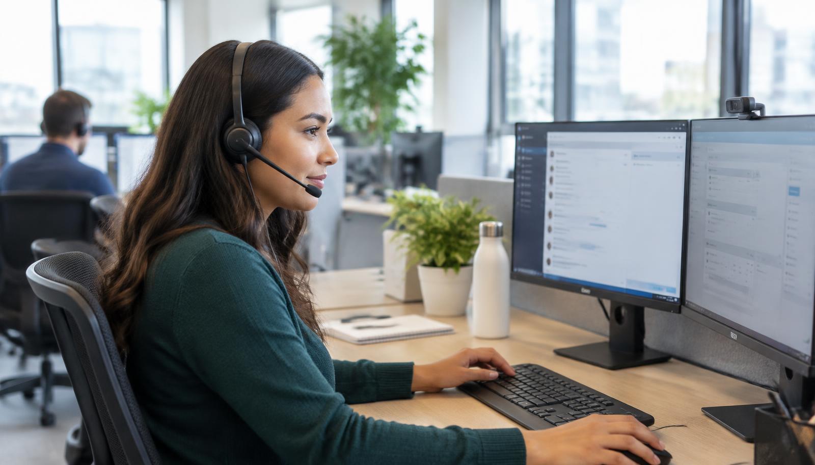 A customer service agent wearing a headset working at a desk with two monitors in a bright office