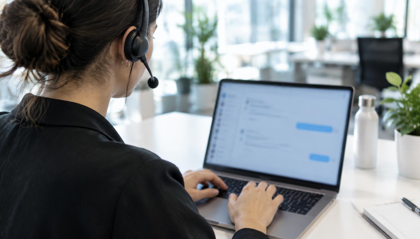 A support agent typing a chat reply on a laptop in a modern office