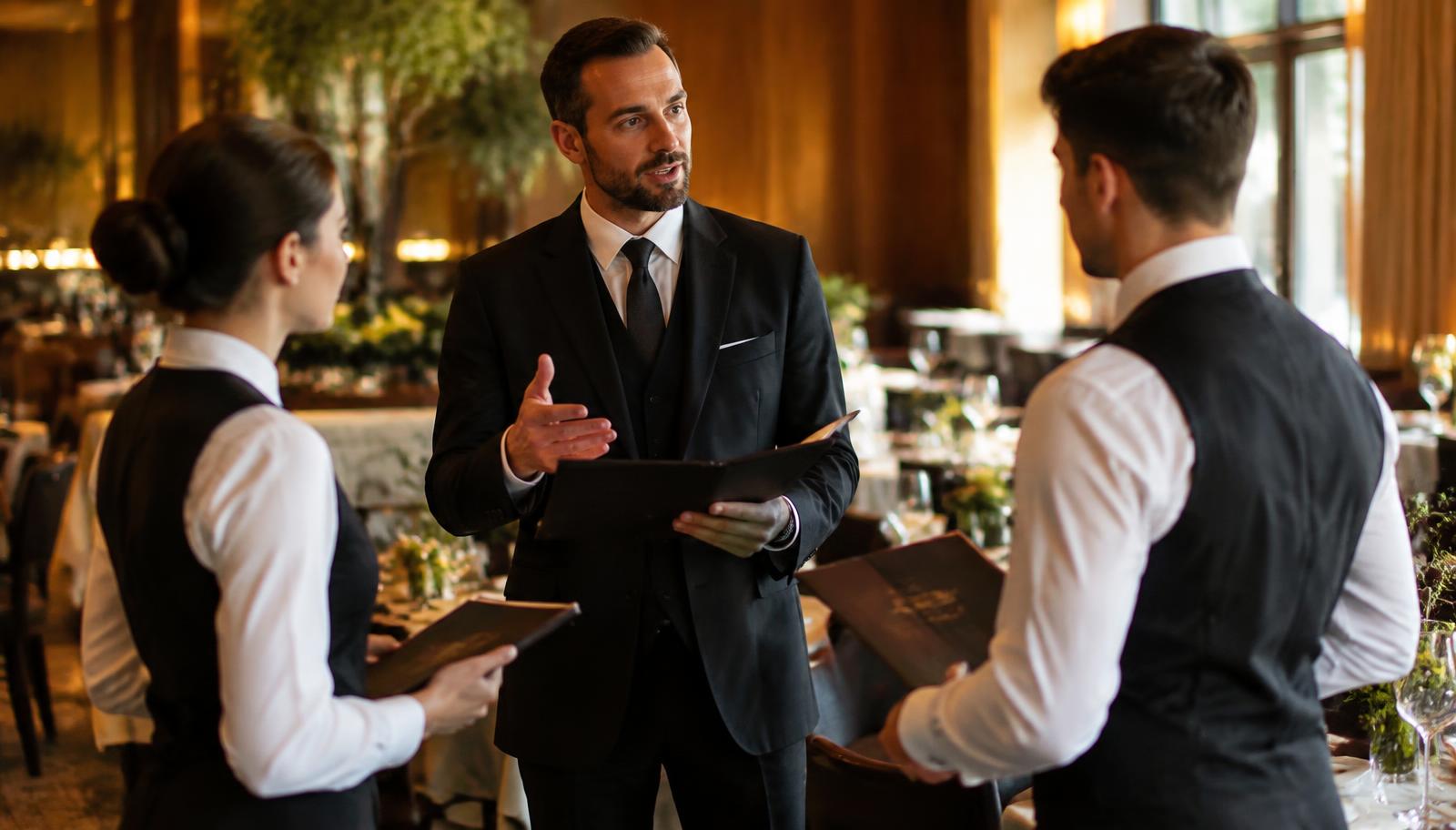 A restaurant supervisor briefing two waiters before service in an upscale dining room