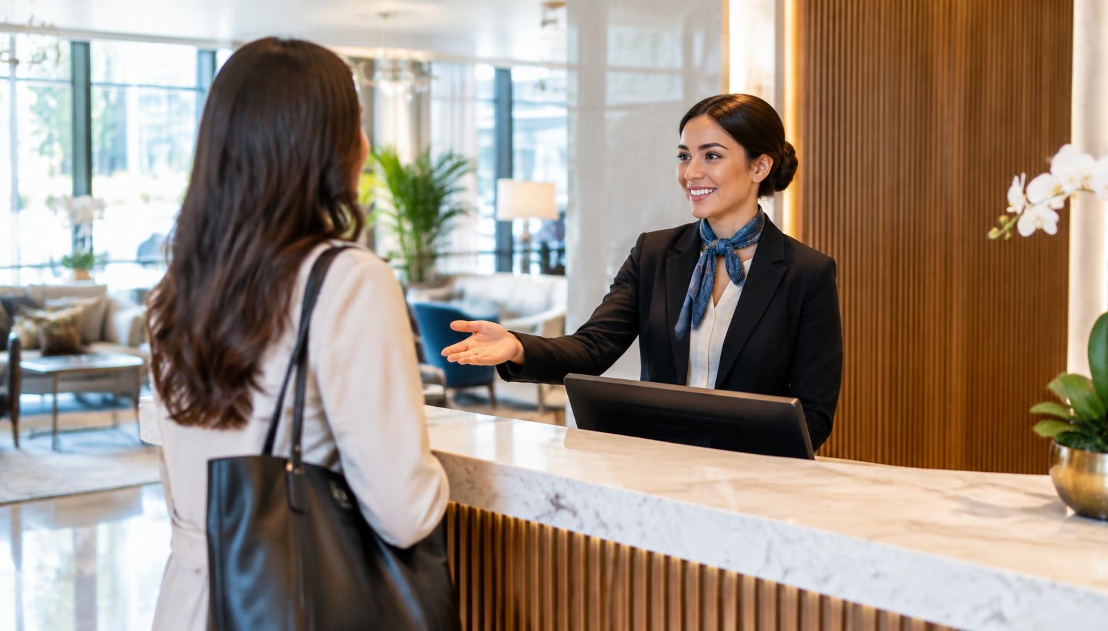 A hotel receptionist welcoming a guest at the front desk of a bright lobby