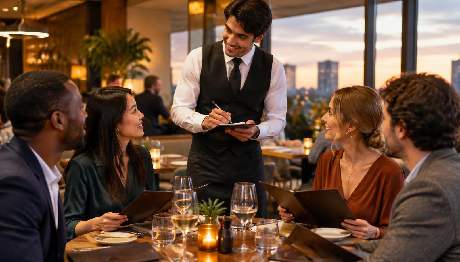 A waiter taking an order from international guests at a modern restaurant table
