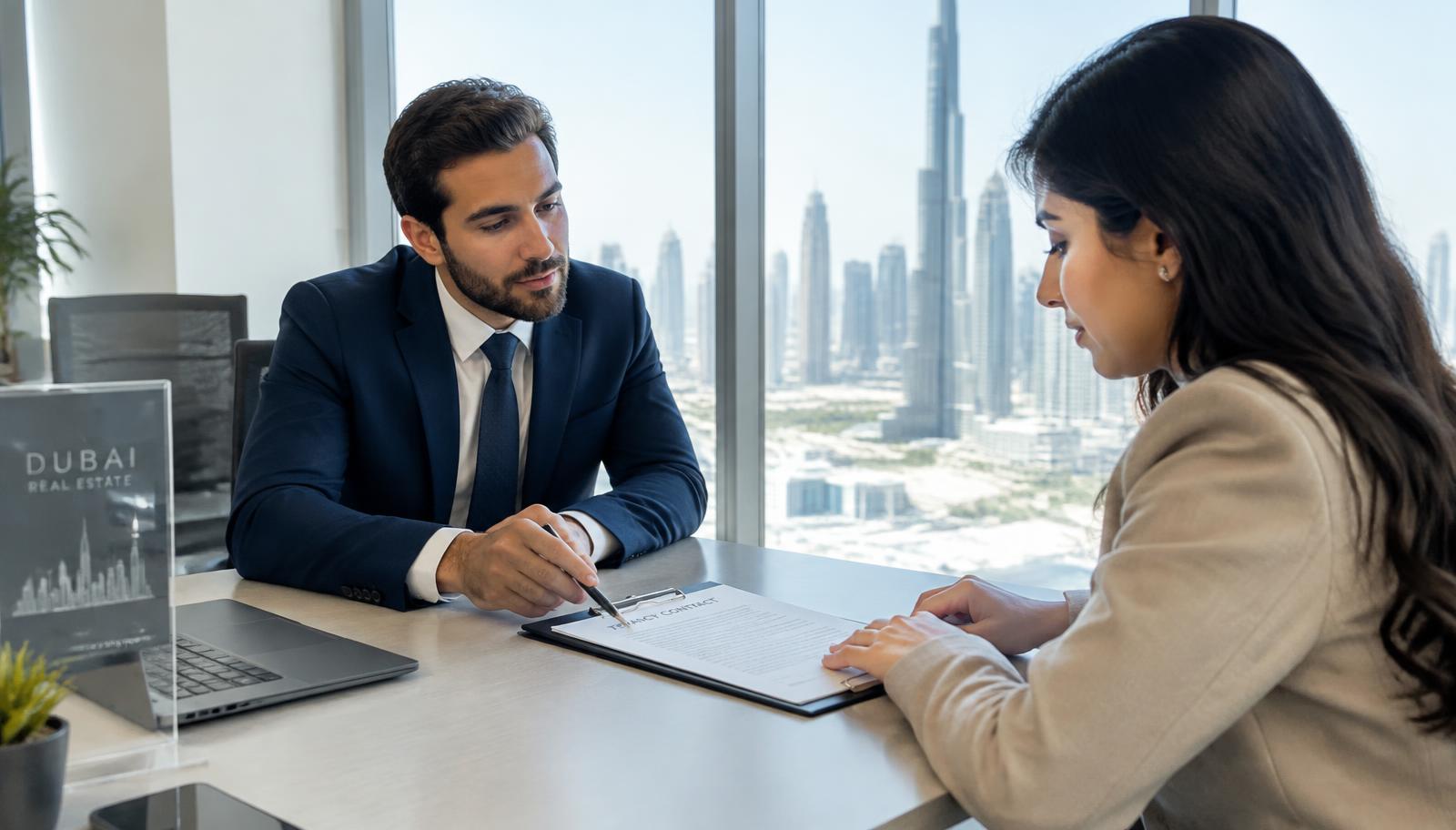 A property consultant explaining a tenancy contract to a client at a desk with a Dubai skyline view