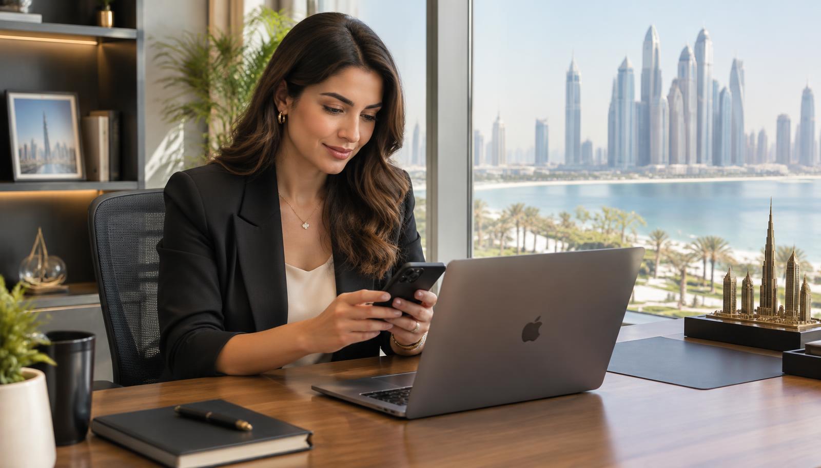 A property consultant at a desk writing a follow-up message to a buyer on a phone and laptop