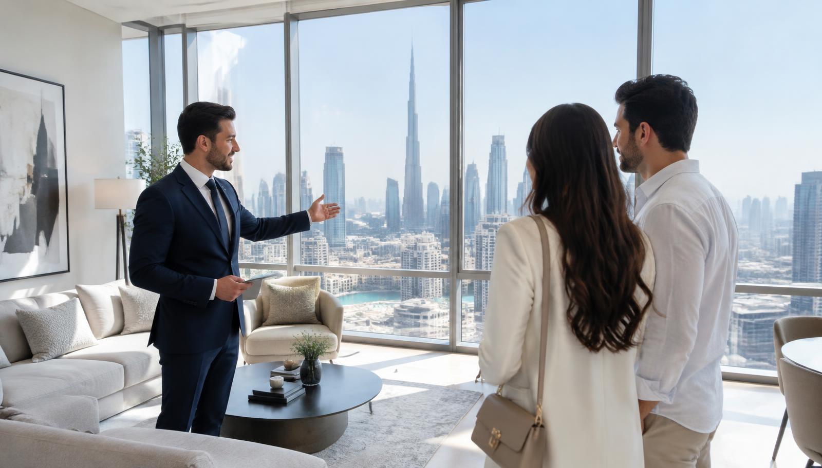 A property consultant showing an apartment with a city skyline view to two prospective buyers