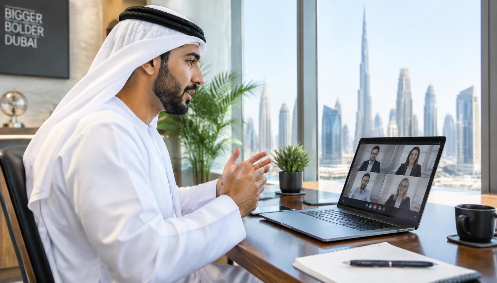An Arabic-speaking professional in a Dubai office speaking English in an online meeting