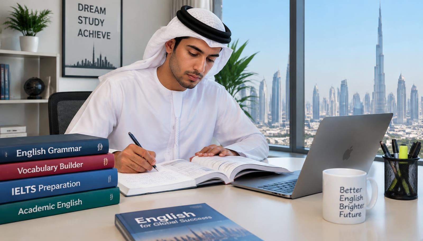 An Arabic-speaking student in the UAE preparing for an English exam