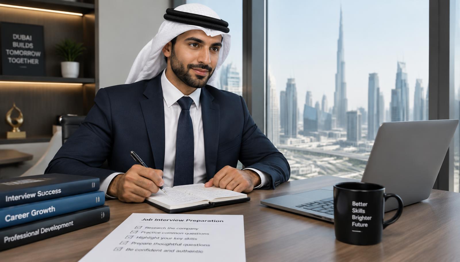 An Arabic-speaking professional in the UAE preparing for an English job interview