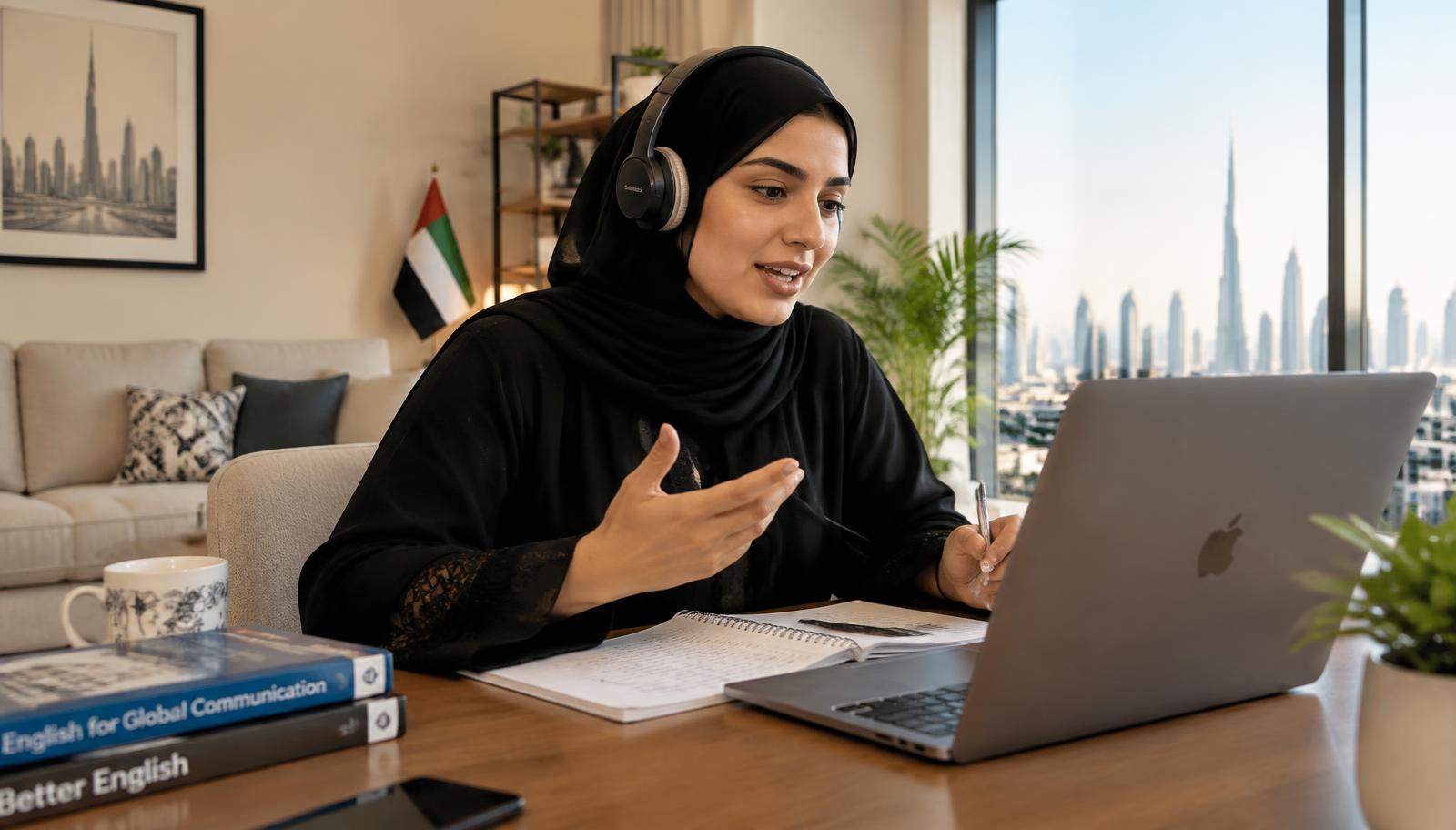 An Arabic-speaking learner in the UAE speaking English in a live online lesson at home