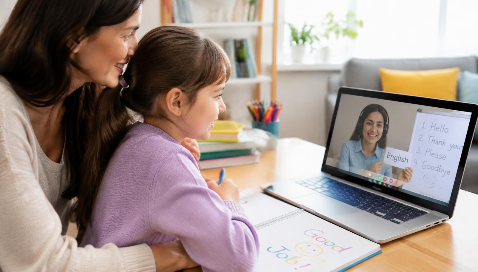A parent and child in the UAE during a live online English lesson