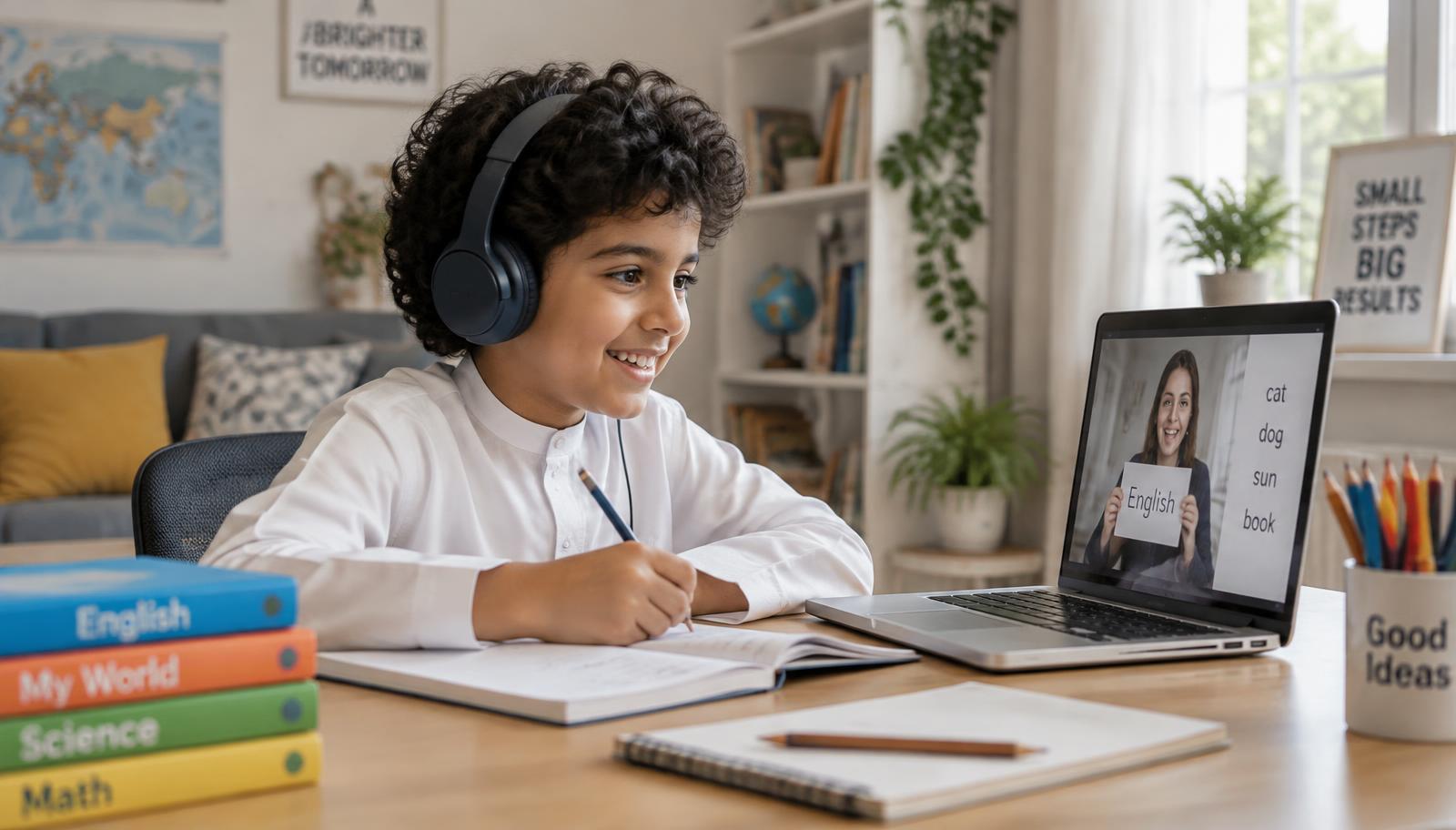 A child at home taking a live online English class with a teacher