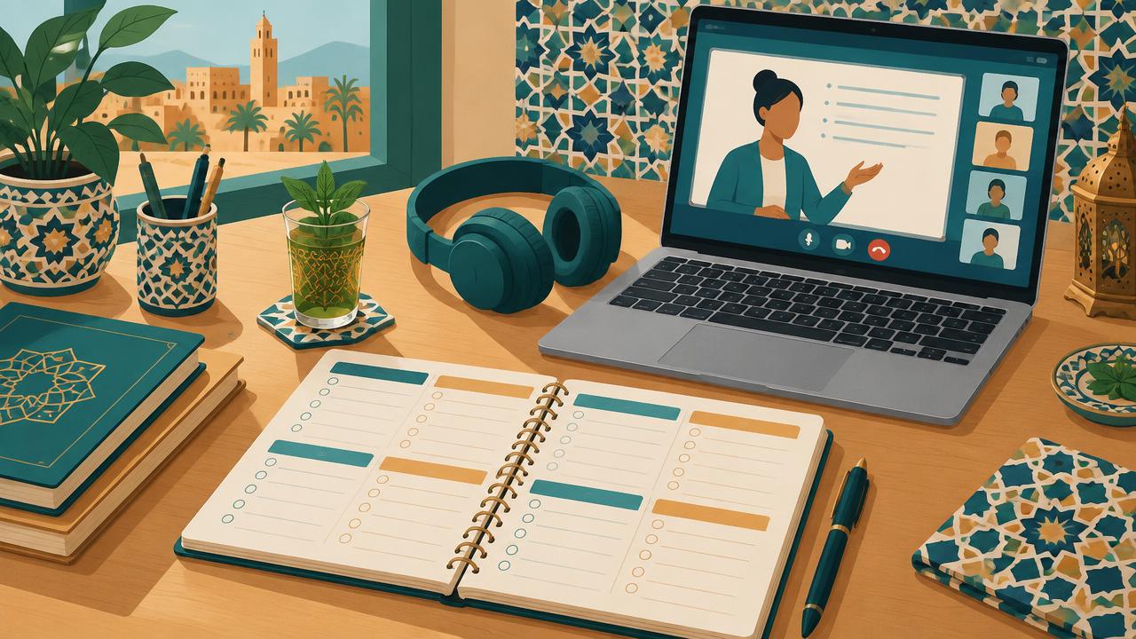 Illustration of a weekly study planner next to a laptop showing an online English class