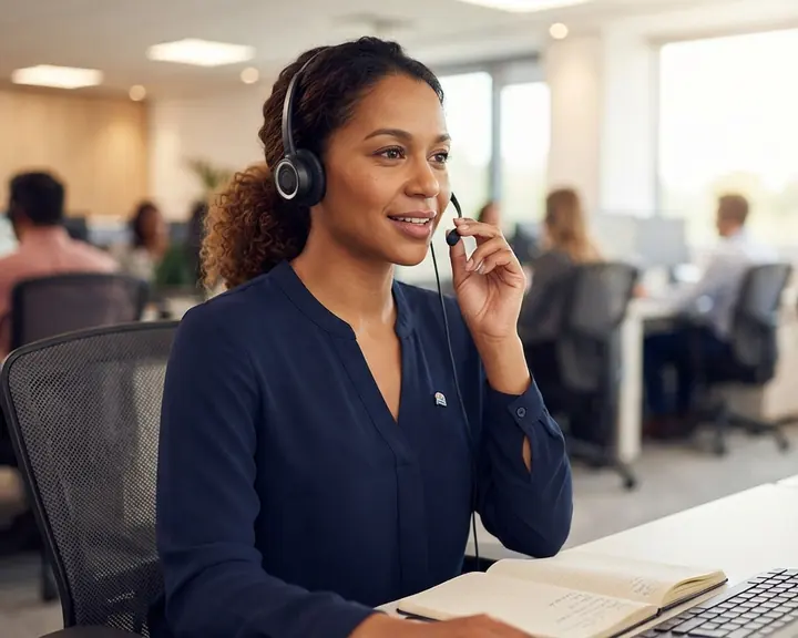 Illustration : une conseillère de relation client avec un casque-micro répond à un appel dans un plateau de travail