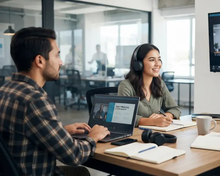 Illustration : deux collègues suivent une formation en visioconférence sur un ordinateur, casque posé sur la table
