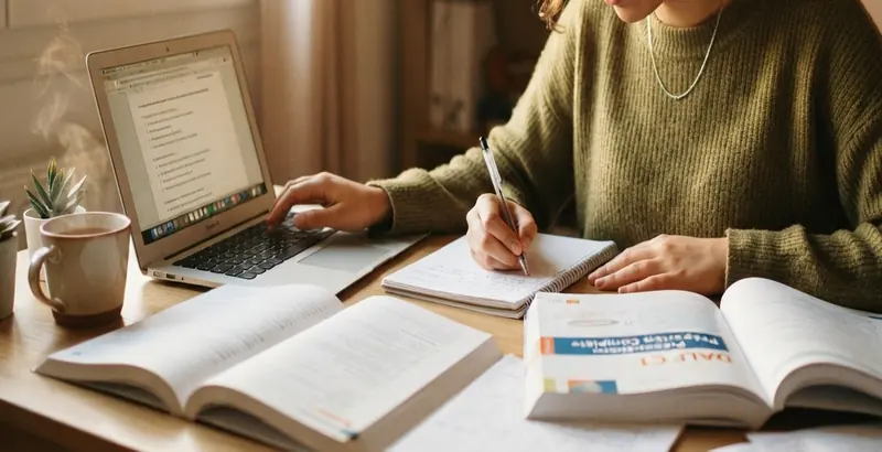 Illustration : livres, cahier et ordinateur sur un bureau pour la préparation d’un examen