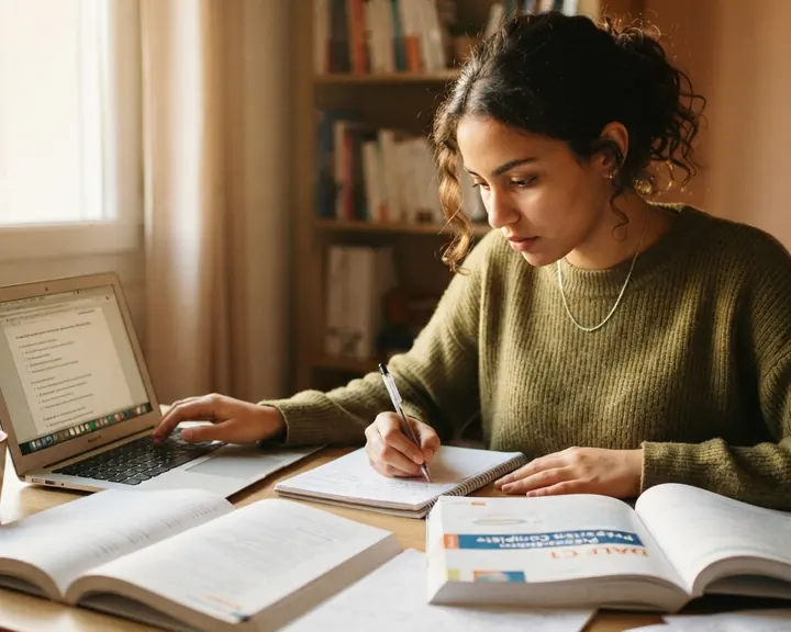 Illustration : une candidate prépare un examen de français à son bureau, avec des livres, un cahier et un ordinateur